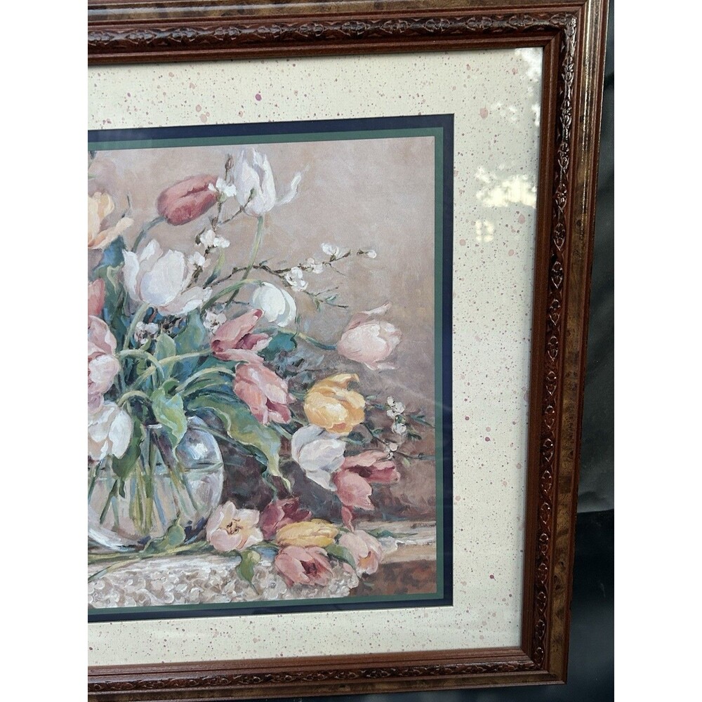 Barbara Mock Wall Art Floral Vase Tulips 22x18 Mixed Media Crewel Cottage Decor - Picture 2 of 14